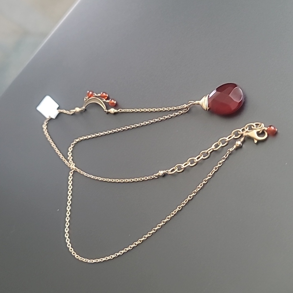 Carnelian Teardrop Pendant Necklace 14kt Gold Filled Half Moon with Dangles - Picture 3 of 8